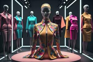 ai generado futurista Moda maniquí en el almacenar. ai generativo foto