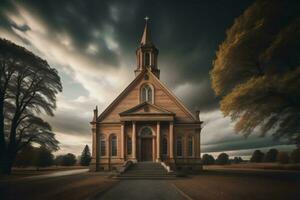 ai generado antiguo de madera Iglesia en el medio de el camino, generativo ai foto