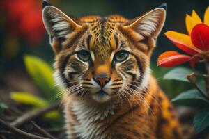 AI generated Close up of a tiger cub looking at camera with flowers in background. generative ai photo