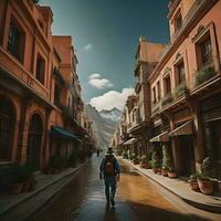 AI generated Traveler with backpack walking in a narrow street of old town. generative ai photo