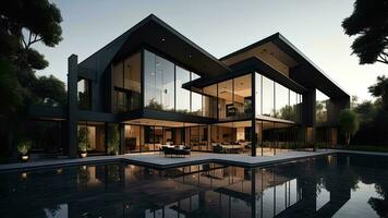 AI generated modern cozy house with pool and parking for sale or rent in luxurious style. Black and white colors. generative ai photo