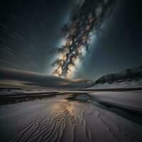 ai generado dramático noche cielo terminado un playa en Islandia. largo exposición. generativo ai foto