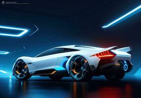 AI generated Futuristic black sports car in neon light. ai generative photo
