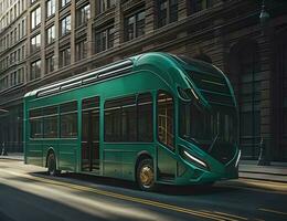 AI generated Green bus on the street in the city. ai generated photo