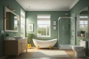 AI generated Interior of modern bathroom with green walls, wooden floor, comfortable bathtub standing near the window. generative ai photo