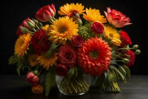 AI generated Bouquet of colorful flowers in vase on black background. ai generated photo