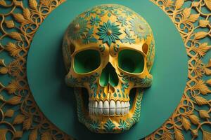 AI generated golden skull with floral ornament on green background. generative ai photo