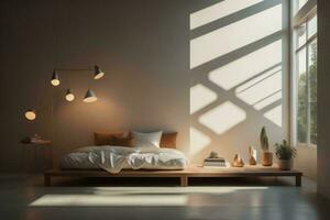 AI generated Minimalistic bedroom interior with brown walls, concrete floor, comfortable king size bed with white linens and two lamps. generative ai photo