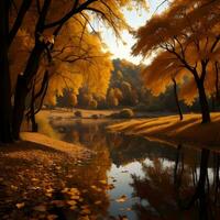 AI generated Autumn landscape with yellow trees and lake, generative ai photo