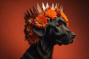 AI generated Portrait of a black dog with a crown of flowers on a red background. generative ai photo