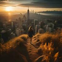 AI generated Woman walking on the top of a hill with a view of the city. generative ai photo