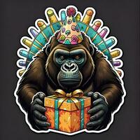 ai generado gorila en cumpleaños sombrero con regalo caja. vector ilustración. ai generado foto