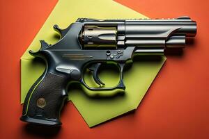 AI generated Revolver gun on a red and yellow background. Top view. generative ai photo