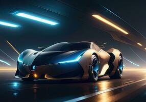 AI generated Futuristic black sports car in neon light. ai generative photo