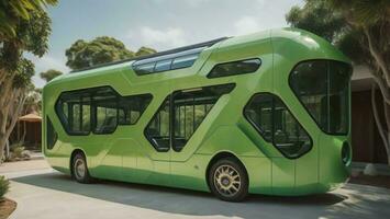 AI generated Green bus on the street in the tropics. Travel concept. generative ai photo