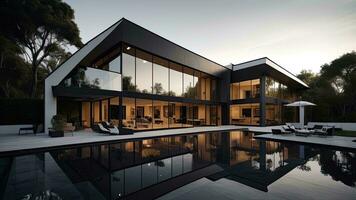 AI generated modern cozy house with pool and parking for sale or rent in luxurious style and beautiful landscaping. generative ai photo