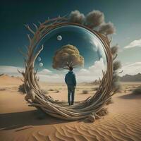 AI generated Man in the desert with a tree in the shape of a globe. generative ai photo