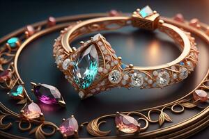ai generado Boda anillo con diamantes en un sólido color antecedentes. joyas. ai generativo foto