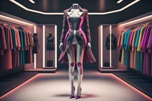 ai generado futurista Moda maniquí en el almacenar. ai generativo foto