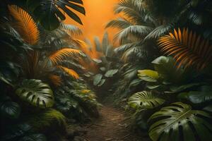 AI generated A pathway in tropical rainforest with palm trees and path in the mist. ai generative photo