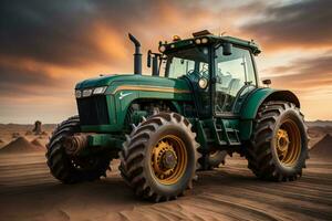 ai generado agrícola tractor en el Desierto a puesta de sol. generativo ai foto