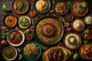 AI generated Mexican food on dark wooden background. Top view, flat lay. generative ai photo