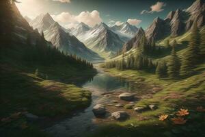 AI generated Beautiful fantasy landscape with a river in the mountains. ai generative photo