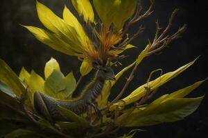 AI generated Triceratops vittatus in a tree with yellow flowers. generative ai photo