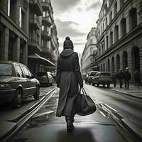 AI generated A young woman with a black bag walks along the city street. ai generated photo