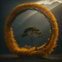 AI generated Bonsai tree in a wreath of grass. generative ai photo