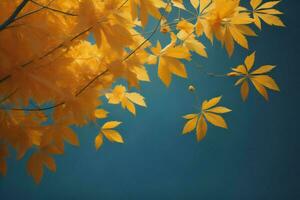 ai generado otoño hojas en azul cielo fondo, suave enfocar, tonificado generativo ai foto