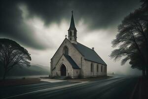 AI generated Church in the fog. Conceptual image for faith and hope. generative ai photo