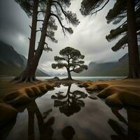 AI generated Pine tree reflected in a puddle on a mountain lake. generative ai photo