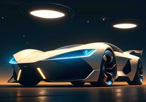 AI generated Futuristic black sports car in neon light. ai generative photo