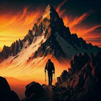 AI generated Hiker in the mountains at sunset. generative ai photo