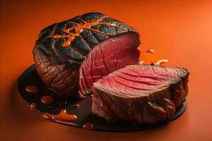 AI generated Raw beef sirloin steak with ingredients for cooking on wooden background. ai generative photo