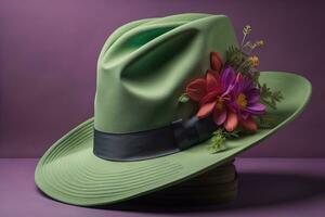 AI generated Green hat with flowers on a purple background. generative ai photo