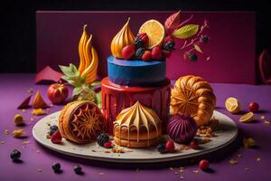 ai generado cumpleaños pastel decorado con frutas y bayas en un púrpura antecedentes. generativo ai foto