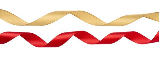 Twisted red and yellow satin ribbon isolated. Decor for gift wrapping photo