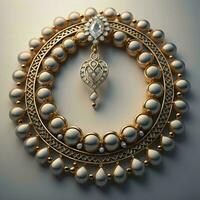 AI generated golden necklace with precious stones in circle on grey background. generative ai photo