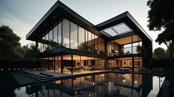 AI generated modern cozy house with pool and parking for sale or rent in luxurious style. Clear summer evening with golden light from window. generative ai photo