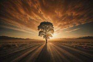 AI generated Tree on the road in the desert at sunset. generative ai photo