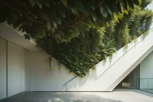 ai generado interior de moderno edificio con verde plantas y escaleras, nadie adentro. generativo ai foto