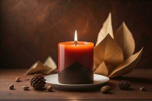 AI generated Creative burning candle on a wooden background. ai generative photo