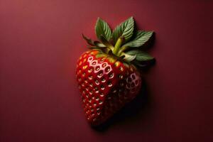 AI generated Strawberry on a red background, top view, copy space. ai generated photo