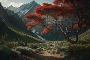 AI generated Mountain landscape with red autumn forest and snowcapped peaks. generative ai photo