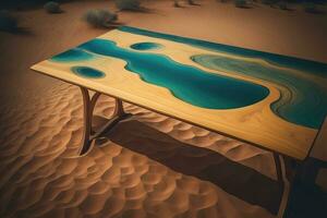 AI generated Wooden table in the desert. generative ai photo