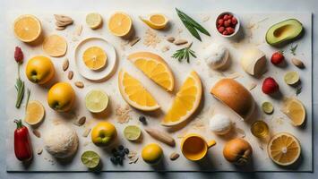 AI generated Healthy ingredients for cooking smoothies on a light background, top view. generative ai photo