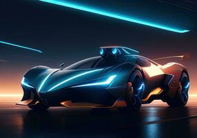 AI generated Futuristic black sports car in neon light. ai generative photo
