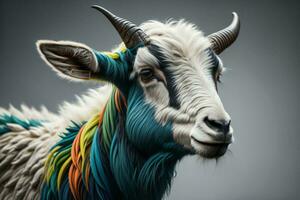 AI generated Portrait of a white goat with multicolored hair on a gray background. ai generated photo